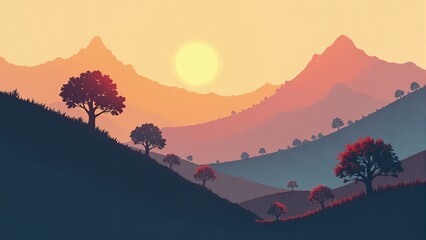 Minimalist Sunset over Layered Mountains