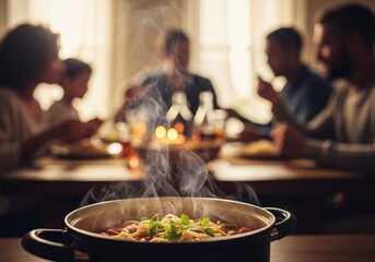 Naklejka premium Steaming Meal Shared with Loved Ones. A comforting pot of hot pasta emanates steam, symbolizing strong family bonds and shared joy. Blurry figures gather, savoring a delicious, wholesome supper in a.
