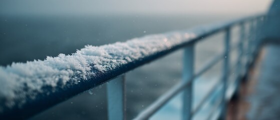 Snow-covered boat railing with an expansive, misty ocean view, capturing the essence of cold yet serene seafaring adventure.