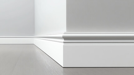 Skirting board molding with white paint finish and beveled edge, isolated on white background, baseboard design detail