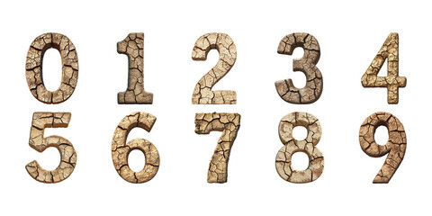 Cracked Earth Texture Numbers Set. Environmental Awareness And Climate Change Collection Isolated On Transparent Background