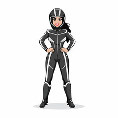 Beautiful Girl Standing in Stylish Motorcycle Racer Pose Wearing Helmet and Racing Suit Vector