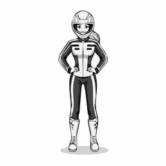 Beautiful Girl Standing in Stylish Motorcycle Racer Pose Wearing Helmet and Racing Suit Vector