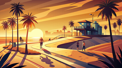 Golden light spills across the sand as palm trees cast long shadows. Skateboarders and cyclists move along the beachfront path, and the famous lifeguard towers stand silhouetted against the sky. In 