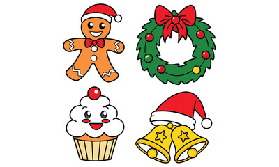 Cute cartoon christmas icons including a gingerbread man with a santa hat a festive wreath with a red bow a happy cupcake and two golden bells with stars