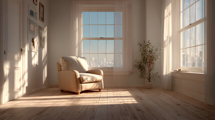 Bright Minimalist Room Interior with Sunlight Streaming Through Wooden Windows