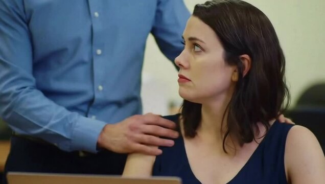 Anxious woman experiences unwanted physical contact in a professional setting.