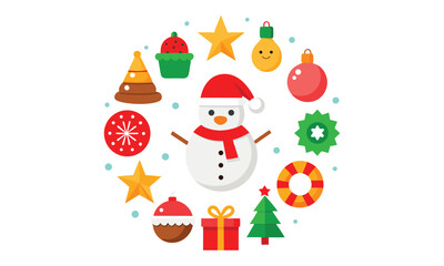 A cheerful snowman wearing a santa hat and scarf is surrounded by a festive circle of colorful christmas ornaments and holiday symbols on a white background