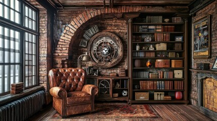A stylish study filled with antique furniture and bookshelves.