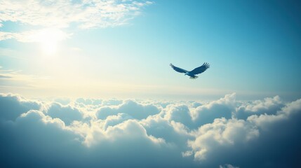 Fototapeta premium Majestic bird soaring over fluffy clouds under a bright sun, showcasing freedom and the beauty of nature in the sky.