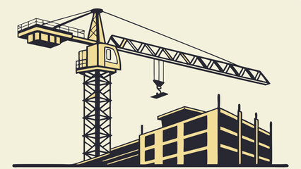 Construction Crane and Building Illustration in Yellow and Black.