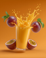 Passion fruit juice splash in glass with fresh passion fruits