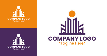 Unique and Creative Abstract Building Logo Design for Company Branding and Identity in Orange and Purple
