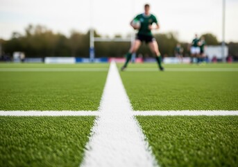 Obraz premium Rugby Game Action on Green Pitch. Vibrant synthetic ground with crisp markings leads to a blurred athlete holding a ball. Represents dedication and the thrilling essence of play.