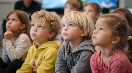 Fototapeta premium A group of young children with varied expressions focus their attention upward, sitting closely together, possibly watching a presentation or show.
