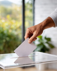 Hand inserting ballot into transparent ballot box, voting process, election, democracy concept