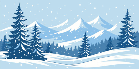 Winter Snowy Mountain Landscape with Christmas Trees. Vector Illustration