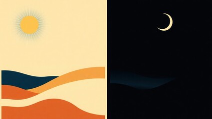 Obraz premium Abstract sun and moon landscape depicting day and night contrast.
