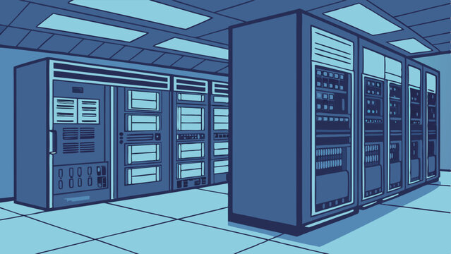 Rows of Vintage Mainframe Computers in a Server Room.