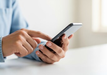 Fototapeta premium Modern Person Using Smart Device. A individual's hands interact with a mobile phone, illustrating contemporary communication and the pervasive digital world.