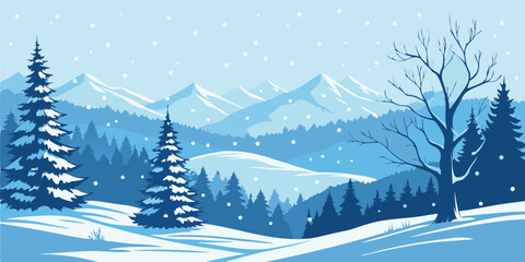 Fototapeta premium Christmas Snow Scene with Mountains and Pine Trees. Vector Illustration