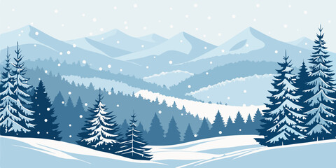 Fototapeta premium Winter Snowy Mountain Landscape with Christmas Trees. Vector Illustration