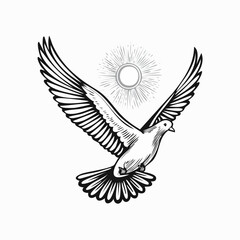 Dove flying in the sky with the sun shining behind it Image vector isolated on white background.