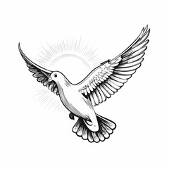 Dove flying in the sky with the sun shining behind it Image vector isolated on white background.