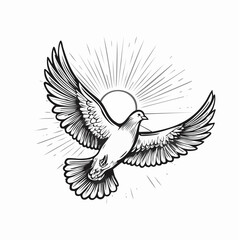 Obraz premium Dove flying in the sky with the sun shining behind it Image vector isolated on white background.