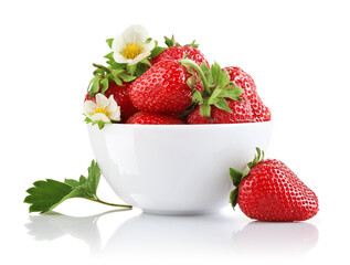 strawberry berry with green leaf and flower isolated on white background