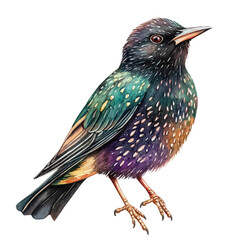 Starling Close Up, watercolor drawing vector, isolated on a white background.