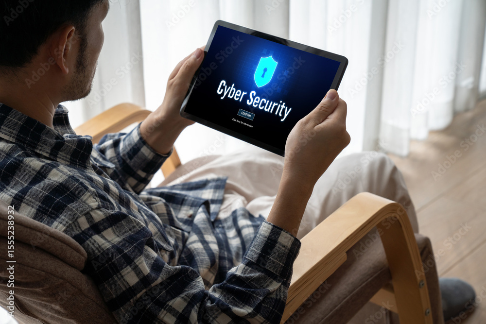 Poster cyber security system on computer screen protect private information snugly from hacker and cyber at