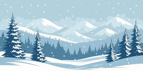 Christmas Snow Scene with Mountains and Pine Trees. Vector Illustration
