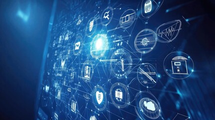 Network of interconnected digital symbols on a dark background.