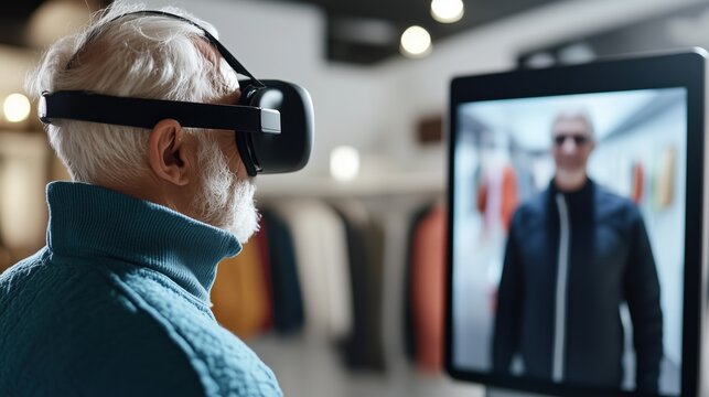 Elderly man exploring virtual reality with VR headset