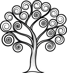 Abstract artistic tree with swirling spiral branches and a unique trunk base evoking organic growth and modern design isolated on white background isolated on transparent background