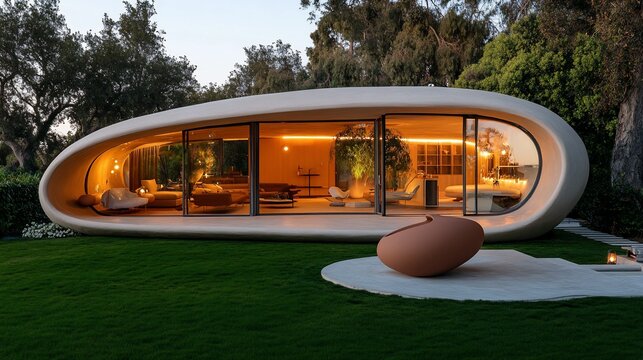 Modern, curvaceous home nestled in landscaped garden at twilight