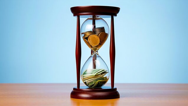 Hourglass filled with coins and banknotes symbolizing the passage of time and the accumulation of wealth and financial growth - Powered by Adobe
