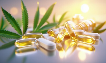 Cannabis Leaves and CBD Oil Capsules with Pills in Golden Sunlight
