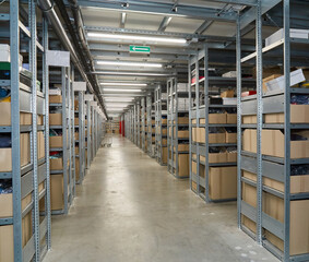 Warehouse Aisle with Organized Shelving and Boxes