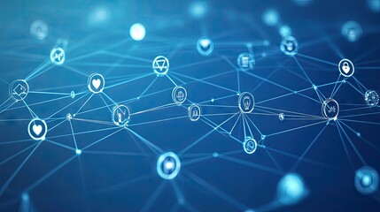 Abstract network graphic with interconnected symbols.