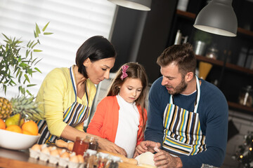 Joyful Caucasian family with young spending time together in kitchen