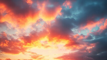 Obraz premium Vibrant sunset clouds glow in brilliant orange and blue hues, creating a stunning sky at dusk for peaceful moments.