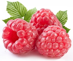 Three perfect ripe raspberries with leaves. Isolated on a white background.