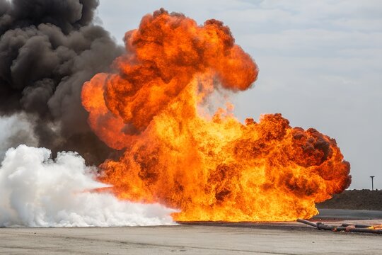 Backdraft flame cloud bursting with intense heat effect white background