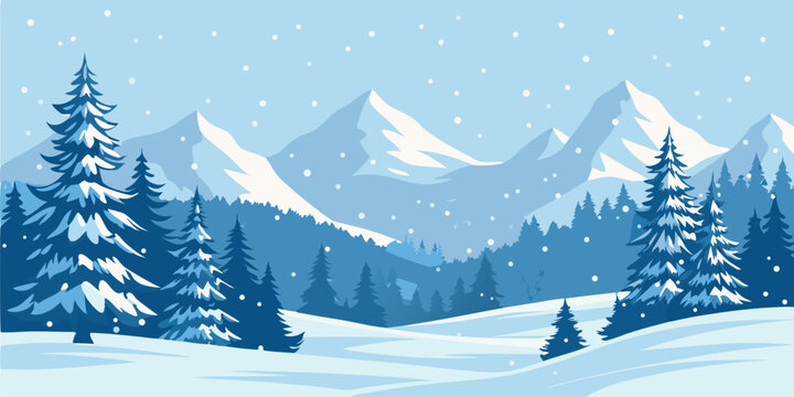 Winter Snowy Mountain Landscape with Christmas Trees. Vector Illustration