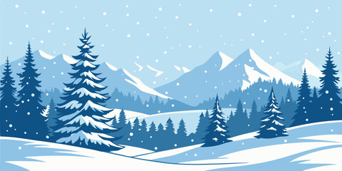 Winter Snowy Mountain Landscape with Christmas Trees. Vector Illustration
