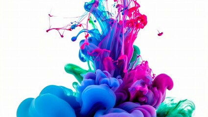Vibrant blue pink and green ink swirling and blooming in water against a clean white background