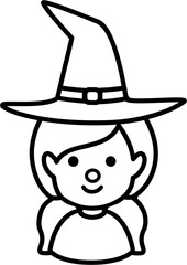 Halloween witch head outline icon design.
Young cute Halloween witch face thick line cartoon isolated. 
Transparent background. 