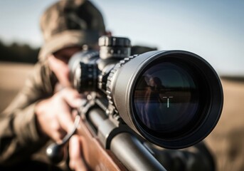 Precision Aim with Rifle Scope. Intimate perspective through a telescopic sight, highlighting the reticle. Embodies extreme focus, strategic planning, and pinpoint accuracy.